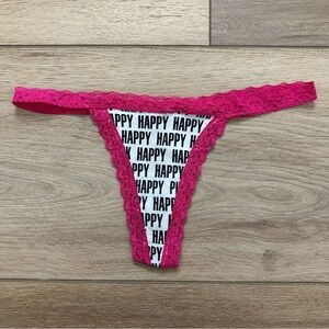 EUC 2010 VS Pink Vintage “Happy” Floral Lace Trim V-String Bow Thong XS